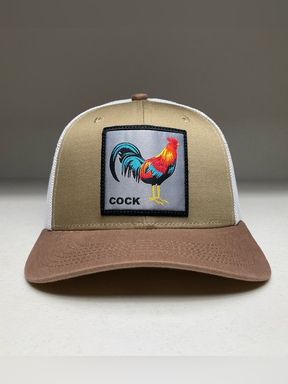 Men's Mesh Trucker Snapback Cap with Rooster Patch Tan
